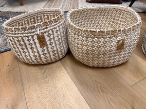 New Set of (2) Handwoven Natural & White Seagrass Storage Baskets