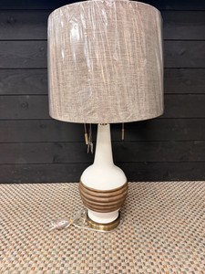 Modern White Ceramic Table Lamp with Wood Accent & Gray Linen Drum Shade