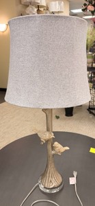 Bird Tree Table Lamp with Two Songbirds & Gray Linen Shade