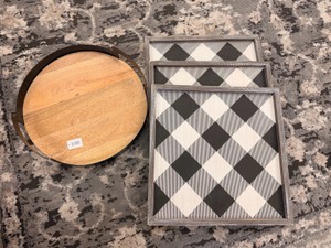 Decorative Serving Tray Set  (3) Buffalo Check Wood Trays &amp Round Wood Tray