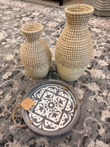 Decorative Woven Vase Set &amp Round Farmhouse Serving Tray  3-Piece Dcor Collection