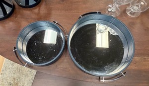 Blue Round Serving Trays with Handles &amp Mirrored Glass  Set of 2