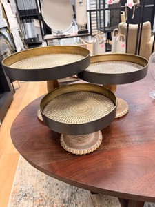 New Round Decorative Metal Pedestal Trays with Wooden Bases  Set of 3