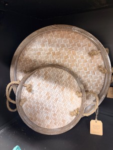 Adams &amp Co. Round Decorative Wood Serving Trays with Rope Handles  Set of 2