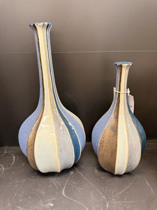 Uttermost Blue Fluted Ceramic Bottle Vases  Set of 2