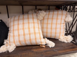 Creative Co-Op Orange &amp Cream Plaid Tassel Throw Pillows  Set of 2