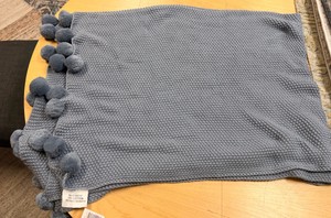 Blue Knit Pom Pom Throw Blanket  50 x 60