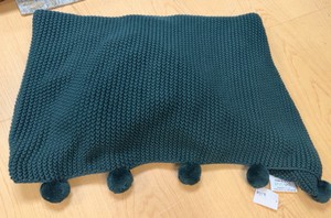 Dark Green Knit Pom Pom Throw Blanket  50 x 60