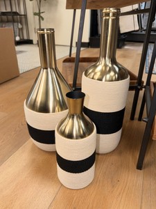 New Modern Gold Metal &amp BlackCream Rope Wrapped Decorative Vases  Set of 3