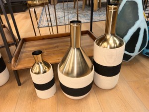 New Modern Gold Metal &amp BlackCream Rope Wrapped Decorative Vase