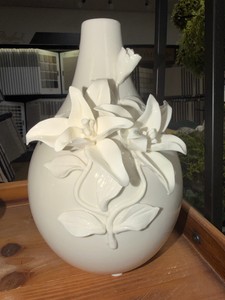 White Ceramic Lily Relief Decorative Vase