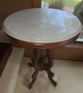 Round White Marble Top Accent End Table with Lyre Style Wood Pedestal Base