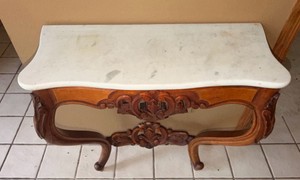 French Provincial Wall Mounted Console Table with&nbsp Marble Top &amp Carved Wood Base