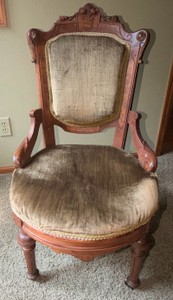 Antique Victorian Carved Walnut Parlor Accent Chair with Velvet Upholstery