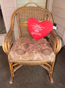 Vintage Wicker Rocking Chair with Cushioned Seat &amp Mayo Clinic Heart Pillow