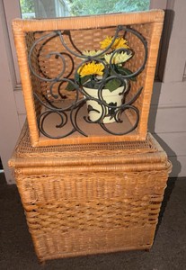 (2) Wicker Storage Baskets with Hinged Lids, Metal Wine Rack Insert &amp Floral Dcor