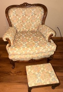 Vintage Carved Wood Floral Upholstered Wingback Armchair with Matching Footstool