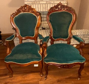 Pair of Victorian Style Carved Wood Parlor Armchairs w Green Velvet Upholstery