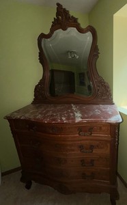 Antique Victorian Marble Top Dresser with Ornate Mirror  Solid Wood Bedroom Chest&nbsp84 H (overall to top of mirror)&nbsp48 W&nbsp18 D