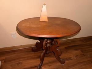 Antique Round Oak Parlor Table with Victorian Base &amp Wooden Metronome