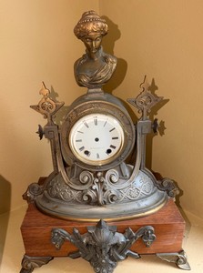 Antique Seth Thomas &amp Sons Empire Style Figural Mantel Clock  Patinated Metal &amp Wood Base  For Restoration
