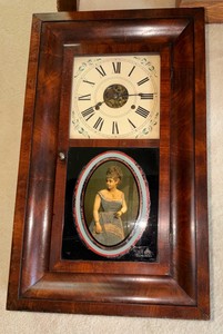Antique Ogee Shelf Clock with Reverse Painted Glass Panel &amp Exposed Skeleton Dial  Unknown Working Condition