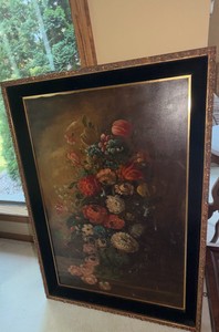 Large Framed Floral Still Life Oil Painting on Canvas  Classic European Style  Approx. 42 x 30