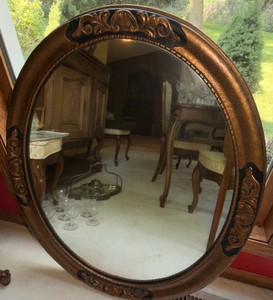 Vintage Hollywood Regency Ornate Oval Wall Mirror Gold &amp Black Frame 28 x 33