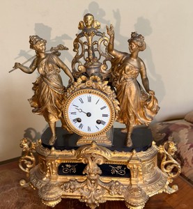Antique French Rococo Style Figural Mantel Clock with Gilt Spelter Figures &amp Marble Base  Unknown Condition