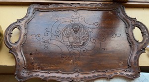 Large Hand-Carved Wooden Serving Tray with Lion Medallion, Pierced Handles &amp Ornate Scrollwork