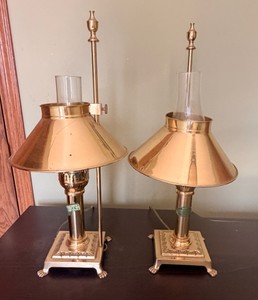 Pair of Vintage Brass Bouillotte Style Adjustable Table Lamps with Glass Chimneys