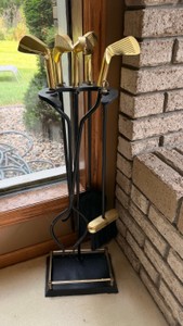 Golf Club Fireplace Tool Set with Stand  Poker, Brush, Shovel &amp Tongs