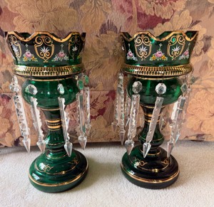 Pair Antique Bohemian Emerald Green Glass Mantel Luster Vases w Crystal Prisms &amp Gilt Decoration