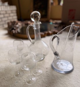Vintage Etched Glass Wine Decanter, Pitcher &amp Stemware Barware Set