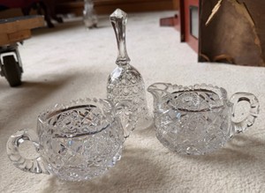 Vintage Heavy Cut Crystal Cream &amp Sugar Set with Matching Crystal Bell  3 Pieces
