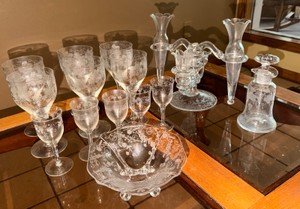 Vintage Etched Glass Stemware, Candlesticks, Cruet, Centerpiece Bowl &amp Decorative Glassware Collection