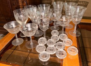 Vintage Etched Floral Stemware Set with Individual Glass Salt Cellars