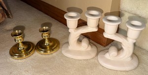Baldwin Solid Brass Candlesticks &amp White Marble Double Candlesticks  Set of 4