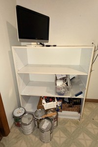 (2) Storage Shelving Units with Vizio Flat Screen TV, Paint, Spray Paint, Stains &amp Household Supplies  Everything Included