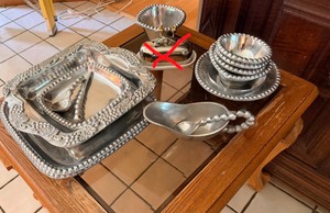 Large Vintage Mexican Hammered Serving Collection  Grape Motif Trays, Bowls, &amp Serving Pieces