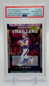 JJ McCarthy PSA Auto Grade 10 2024 Rookies and Stars Thrillers Auto Minnesota Vikings Rookie Football Card No. T-JMY