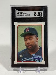 Kirby Puckett EXTREMELY RARE ERROR CARD - 1989 Topps #650 w Hank Aaron Wrong Back SGC Graded 8.5 NM-MT Minnesota Twins Baseball Card