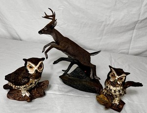 Aus-Ben Studios Leaping Buck Figurine and Pair of Norleans Great Horned Owls