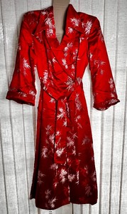 Vintage Red Satin Asian Dressing GownRobe with White Bamboo Floral Print