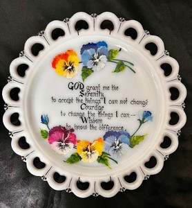 Vintage Milk Glass Heart Loop Border Plate  12.5 with Hand Painted Serenity Prayer