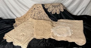 Collection of Crocheted Lace- Includes 2 Tiny Round Doilies, 2 Round Doilies, 1 Round Tablecloth (54Diameter), 1 Pillow Sham, 1 Rectangle Tableclothes (50W x 64L ), and 1 Twin Coverlette