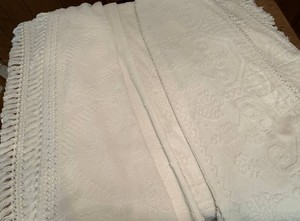 2 Vintage White Chenille Bedspreads - Maine Heritage Company (110 x 99 W) - Sears Perma-Prest (115 L  x 89 W)