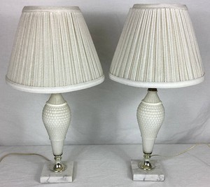 Pair of Vintage White Glass Raised Diamond Design Table Lamps with Marble Base