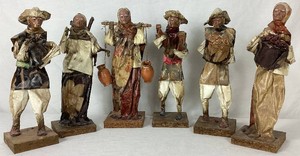 Set of Six Vintage Handmade Mexican Folk Art Paper Mache Figurines 11.5 H, 3.5 W Base
