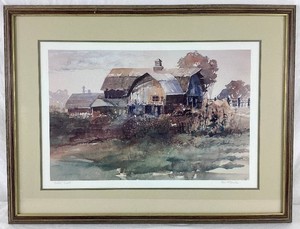 Bob Straube Framed Watercolor Painting of a Barn Landscape 29 W x 22H